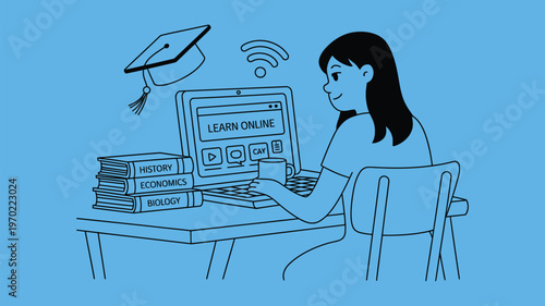 Online learning female student vector, depicting engagement with laptop, achieving educational goals through remote education platforms.