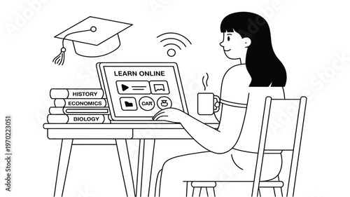 Online learning female student vector, depicting engagement with laptop, achieving educational goals through remote education platforms.
