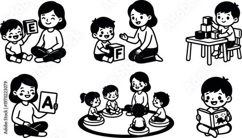 Mother teaching children with alphabet blocks and storybook