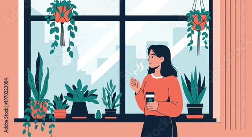 Woman Holding Coffee Cup Indoors.