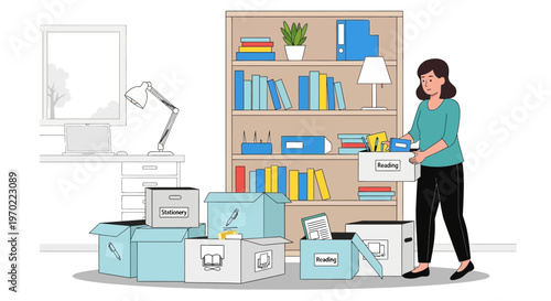 Woman moving boxes in an office.