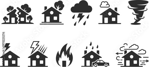 Natural disaster and home insurance icon set, house damage, storm, earthquake, fire, and weather emergency silhouettes