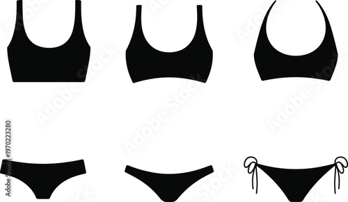 Collection of black bikini and swimsuit silhouettes featuring different tops and bottoms isolated on white background for summer fashion beachwear and retail graphic design projects.