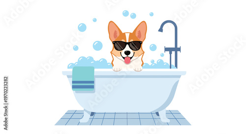 A cheerful cartoon corgi dog with sunglasses is enjoying a bubble bath in a white tub with a blue faucet and towel on a tiled floor.