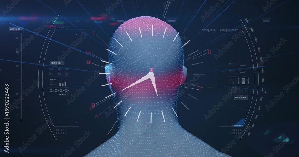 Obraz premium Scanning stylized dotted mesh head projecting HUD in digital space, showing analog clock overlay