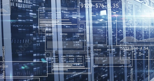 Displaying bank of server racks with glass-front doors in data center, showing LED readouts