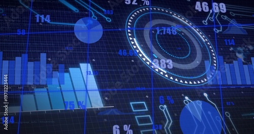 Pulsing central radial gauge highlighting numeric readouts on dark grid display, with bar charts