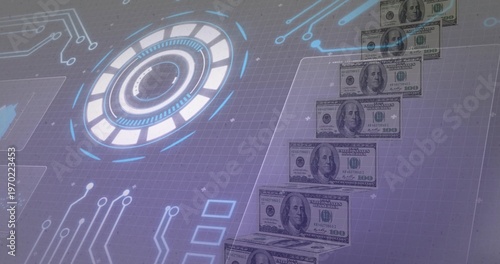 Rising staircase of 100-dollar bills ascending diagonal grid with HUD rings, copy space