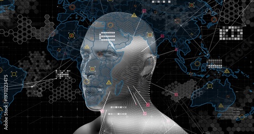 Displaying 3D dotted head mesh connecting to global map grid in virtual HUD, showing node markers