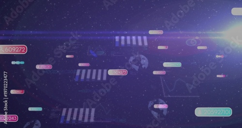 Floating data cluster drifting across starfield, showing numeric tags, bar charts, globe icons