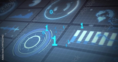 Displaying circular radar HUD glowing slightly left on dark grid plane, showing globe and bits