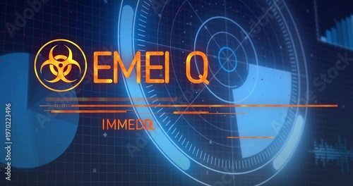 Projecting circular radar HUD on control dashboard, showing biohazard badge, EMEI Q and IMMEDQ