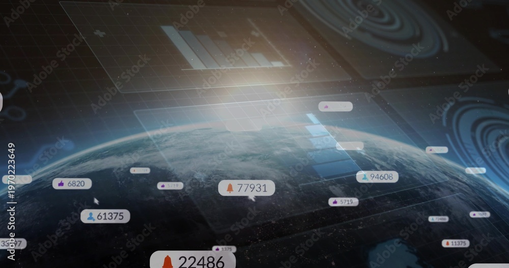 Fototapeta premium Displaying Earth globe rotating in orbit with holographic grid and floating numeric badges
