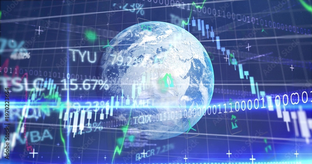 Obraz premium Displaying rendered Earth globe rotating in trading dashboard, showing candlesticks, TSLA ticker