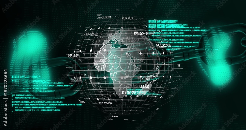 Obraz premium Rotating wireframe globe showing Africa, floating in cyber grid, with glowing chain links and nodes