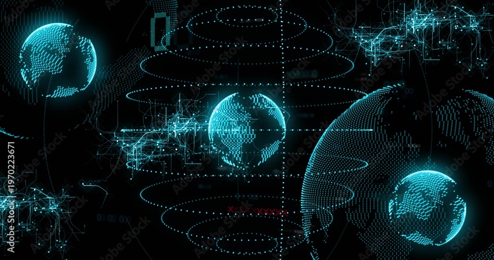 Fototapeta premium Glowing central point-cloud globe rotating in virtual hub, showing concentric rings, axis, networks