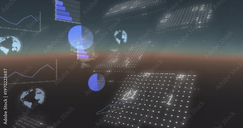 Naklejka premium Floating HUD panels showing dotted matrix and numeric digits over dusk horizon, with charts