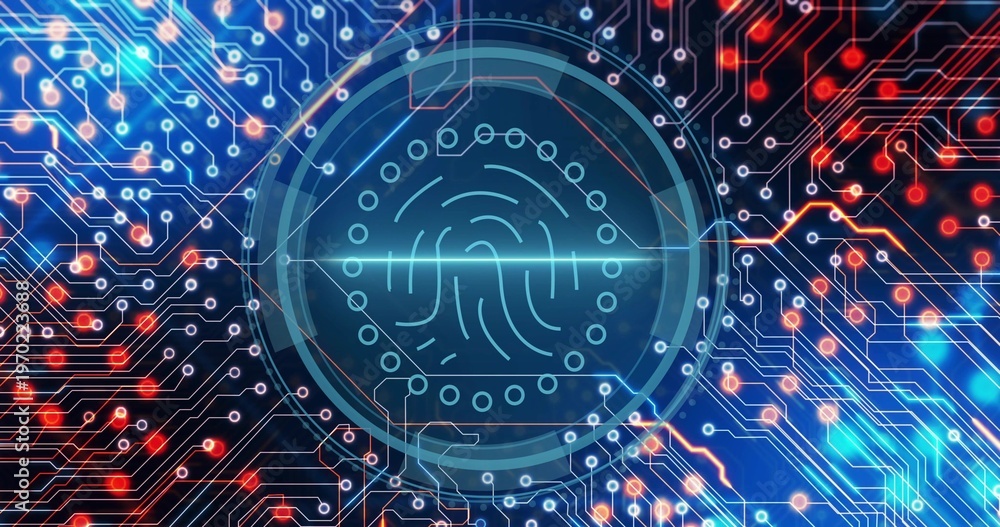 Obraz premium Scanning central fingerprint HUD glowing above circuit board interface, showing scan beam and nodes
