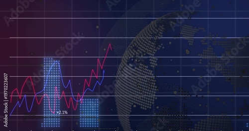 Displaying financial chart showing red and blue line graphs rising on dashboard, with +2