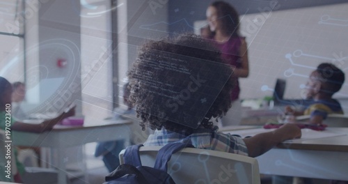 Listening child in plaid shirt backpack facing teacher at whiteboard at school with code overlay