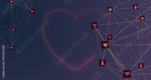 Pulsing neon heart outline glowing in digital UI, linking golden lines, red nodes with iconography
