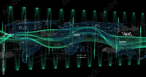 Flowing teal-green data ribbons crossing black global map, showing pulse columns and hex grids