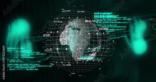 Rotating wireframe globe showing Africa, floating in cyber grid, with glowing chain links and nodes