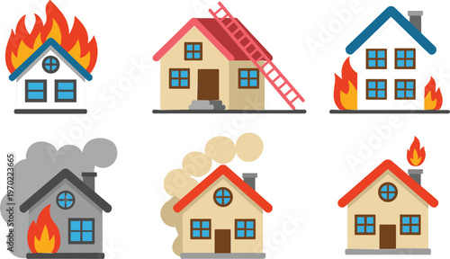 House fire and home insurance icon set, burning building flat vector, emergency property damage, smoke, flame