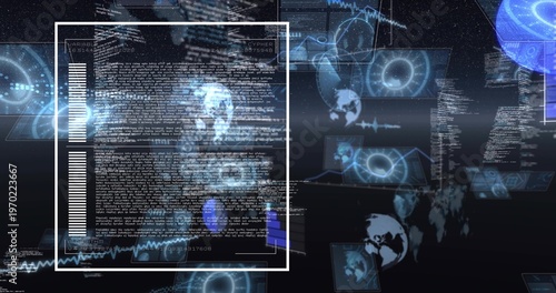 Displaying central white-framed HUD panel in 3D data space, with holographic screens, globes, code