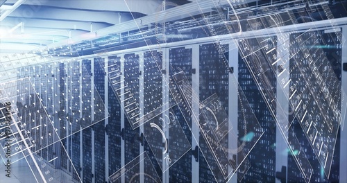 Extending rows of server racks down data center aisle, showing rackmount servers and binary overlay