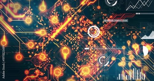 Showing glowing circuit traces flowing on digital dashboard, featuring node clusters and readouts