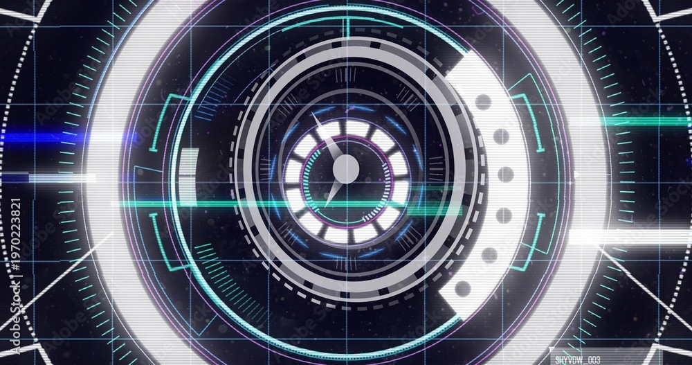 Fototapeta premium Rotating centered multi-ring HUD interface floating over spacecraft HUD, showing teal scanline