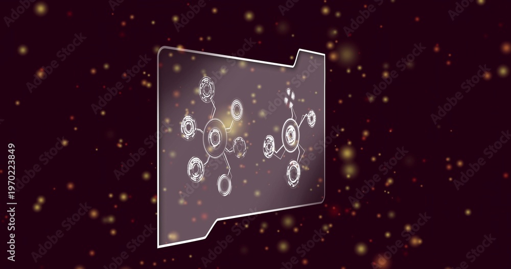Fototapeta premium Floating translucent folder with white rim in maroon space, showing golden bokeh and glowing nodes