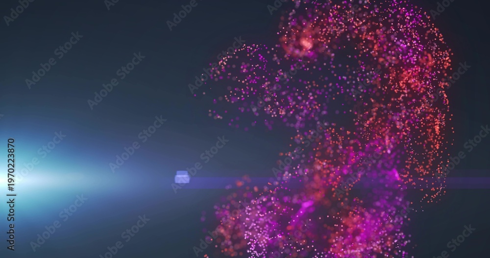 Fototapeta premium Swirling vertical particle plume moving and glowing in digital void, with lens flare