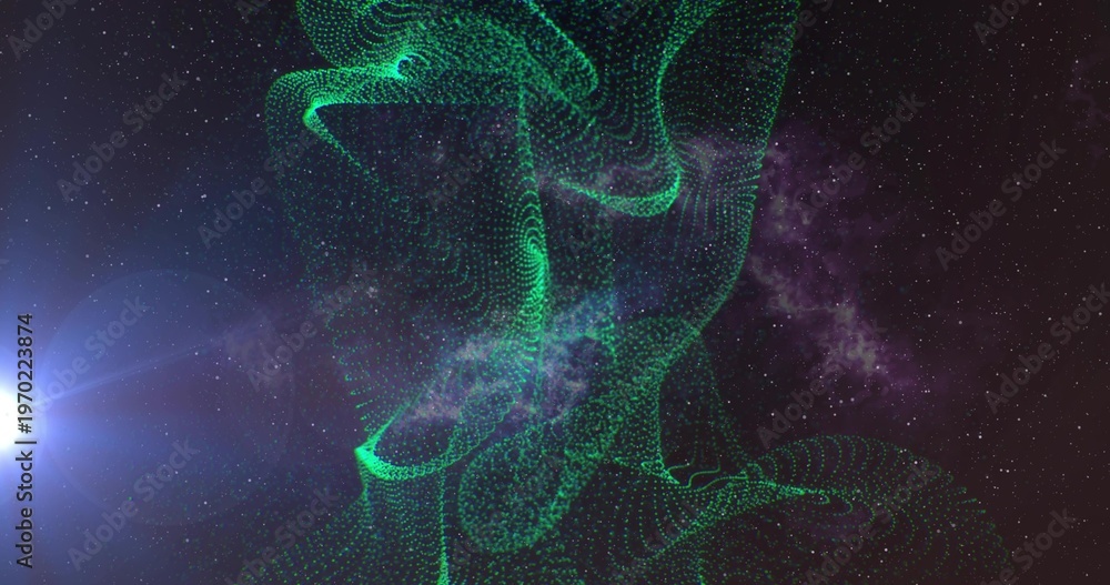 Fototapeta premium Vertical video: Green ribbon reacting to flare, forming wave loops and showing structure in space