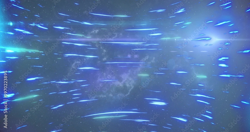 Fototapeta premium Racing blue cyan streaks sweeping across deep space, showing purple nebula and starfield