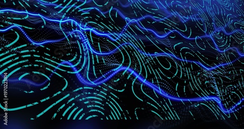 Flowing electric-blue waveform and teal contour lines weaving across digital surface, dotted grids