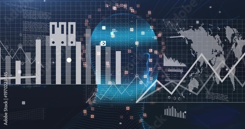 Displaying translucent dotted head processing global data on dark grid, with pixelated map