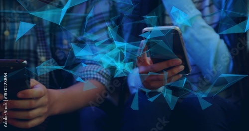 Holding two seated users with plaid cuff, light sleeve tapping phones at lounge with blue overlay