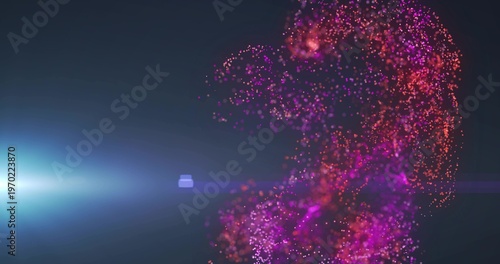 Swirling vertical particle plume moving and glowing in digital void, with lens flare