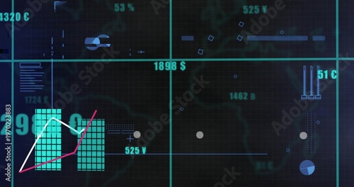 Displaying data dashboard center, showing turquoise bars, white and magenta lines, cyan guide lines