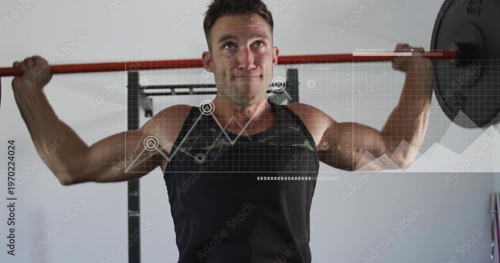 Fototapeta premium Bracing weightlifter wearing black tank holding red barbell on rack in home gym with data overlay