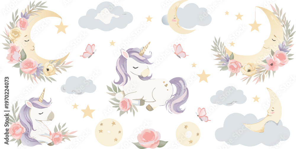 Fototapeta premium Whimsical unicorn illustrations with flowers and clouds