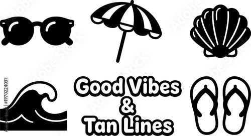 Good vibes and tan lines beach icons with sunglasses umbrella shell flip flops and wave