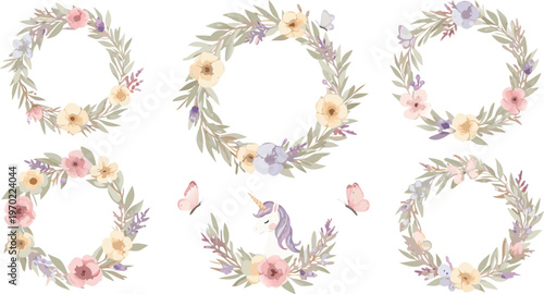 Set of colorful floral wreaths with leaves and flowers on white background