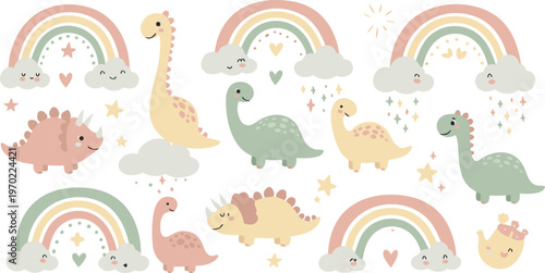 Colorful cartoon dinosaurs and rainbows in whimsical illustration for kids
