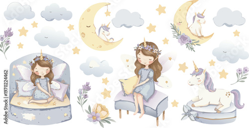 Whimsical illustration of girls in moonlit bedroom scenes with dreamy clouds and stars