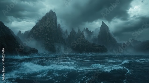 Turbulent ocean waters beneath dramatic stormy skies over jagged mountains, an epic seascape.