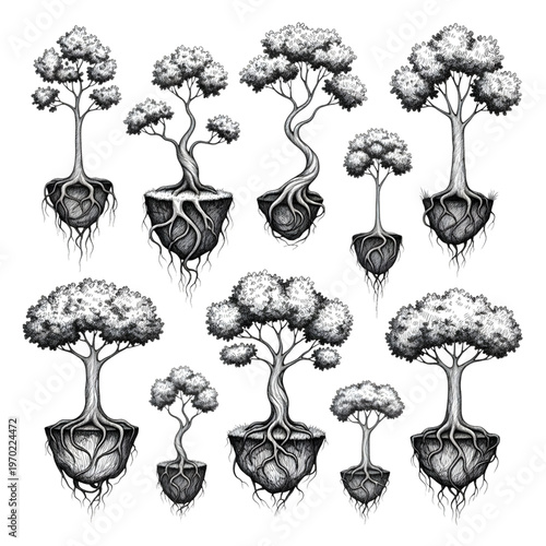 Grand Jubilee Collection of Floating Bonsai Trees, Hand Drawn Set of Ornamental Trees with Detailed Exposed Roots and Soil Base, Artistic Botanical Vector Illustration
