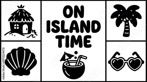 On island time text with palm tree paradise and tropical cocktail vector line art